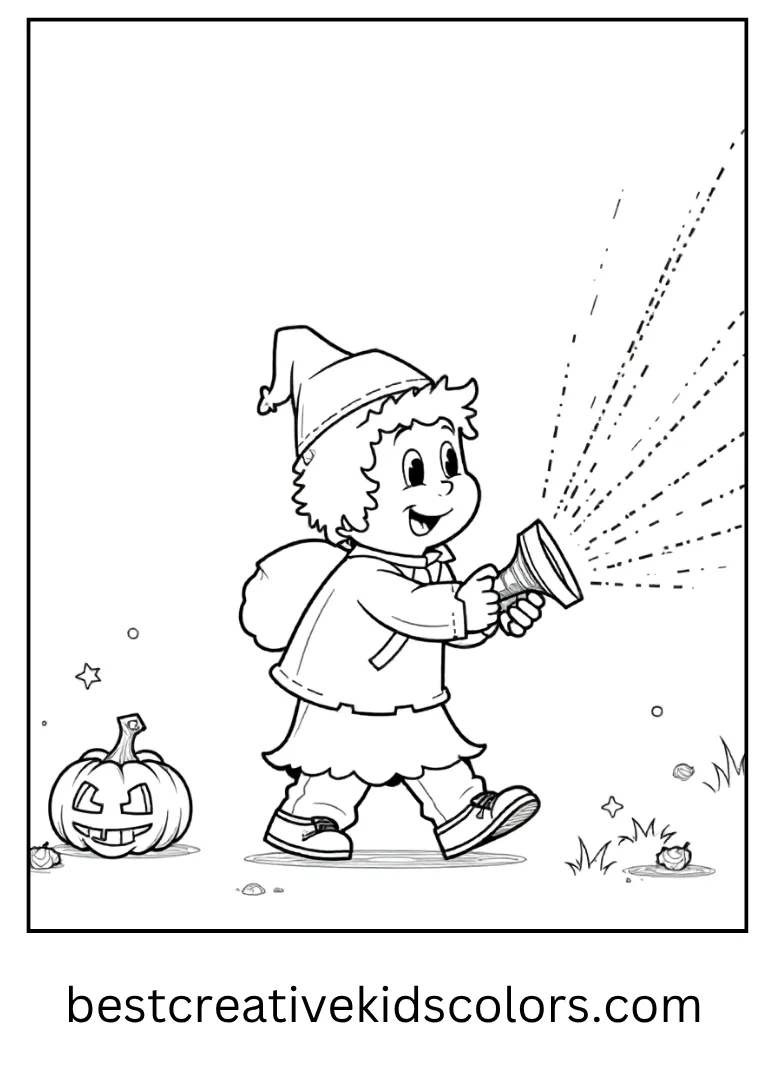 Dustin Trick-or-Treat Adventure Coloring Page Dustin walks with candy and a flashlight at night.