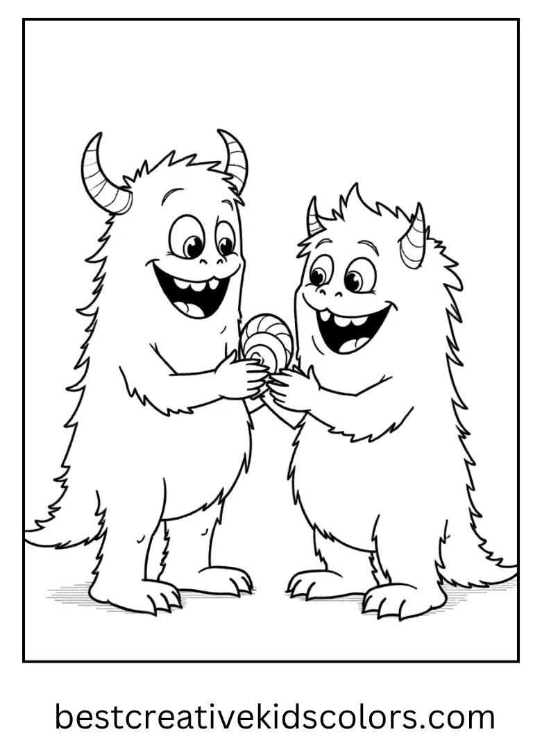 Dustin and Mike Friendly Monster Coloring Page The boys meet a cute monster holding candy.