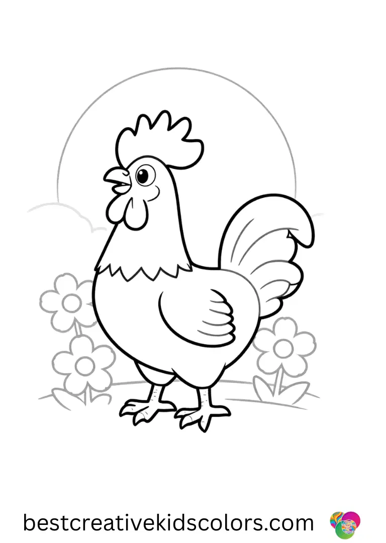 Early morning sunrise images with flowers shows a rooster tilting its head.