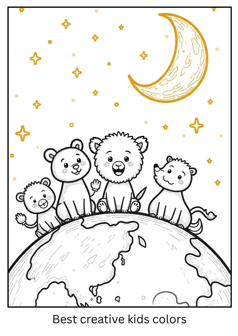 Earth and Moon Coloring Page with Cute Animals