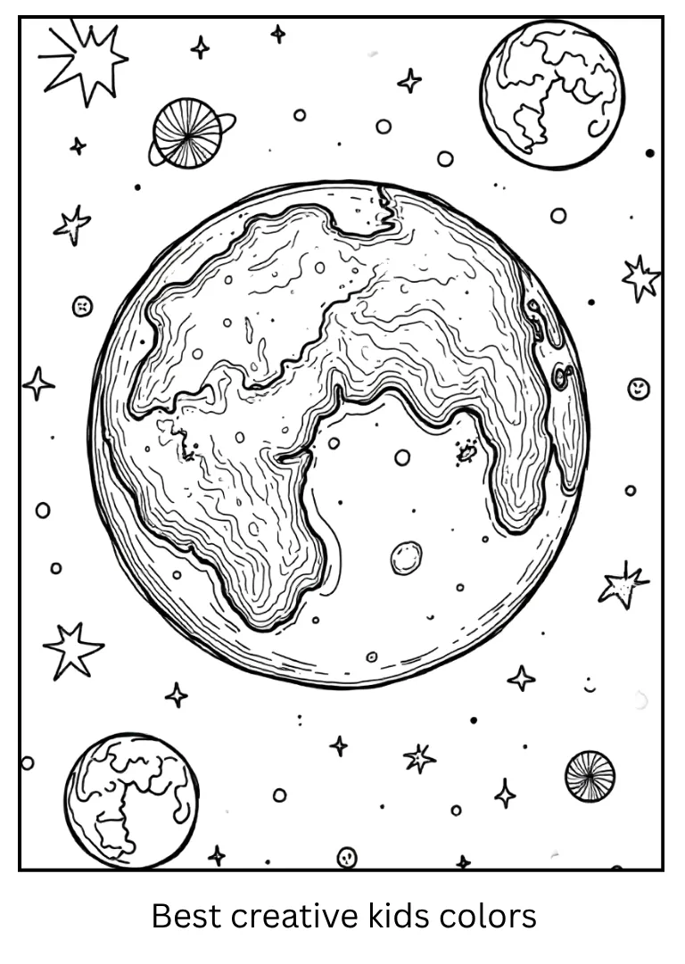 Earth and Moon Coloring Page with Galaxy View