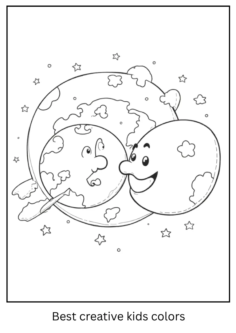 Earth and Moon Coloring Page with Smiling Faces