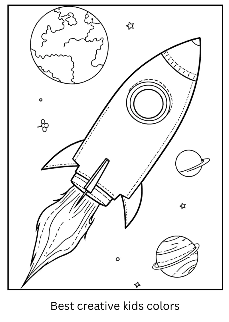 Earth and Moon Coloring Page with Space Rocket