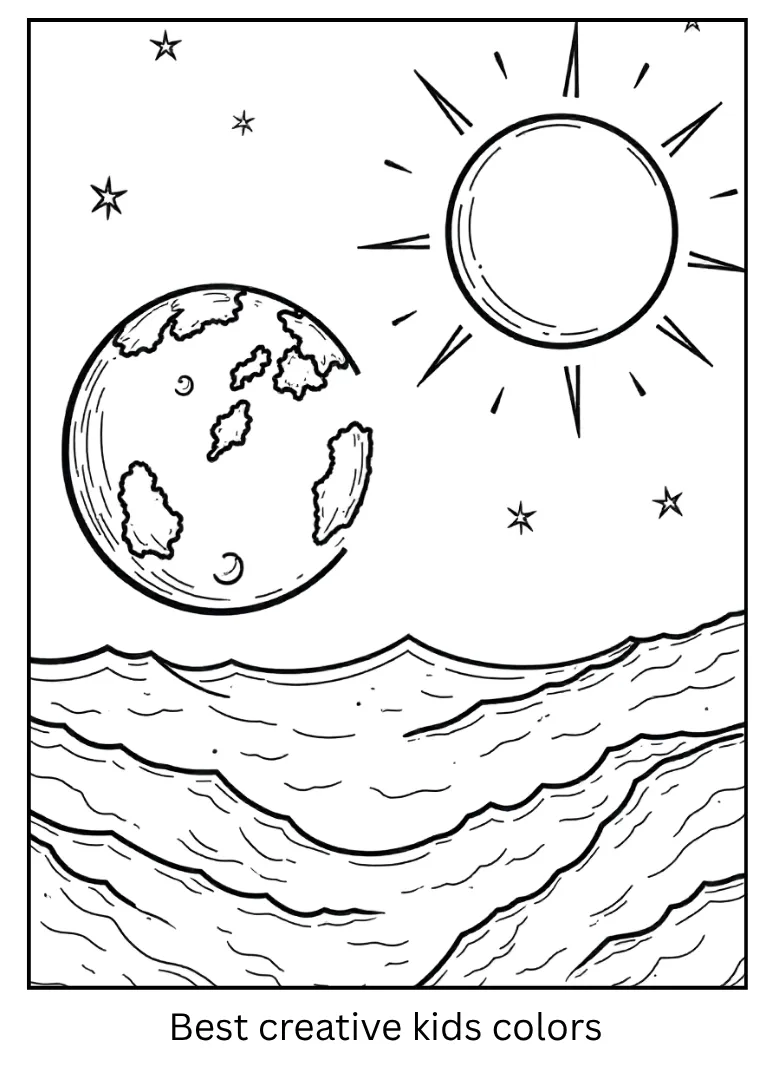 Earth and Moon Coloring Page with Sunlight