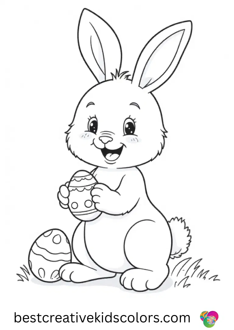 Easter Bunny with Eggs coloring page shows a bunny lining up colorful eggs in a neat row on the lawn.