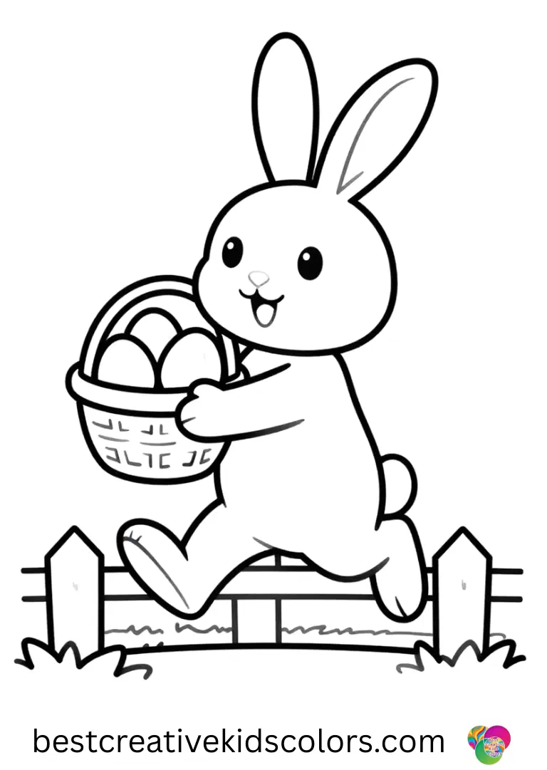 Easter bunny with a basket of eggs free download carries a basket while hopping over a small garden fence.