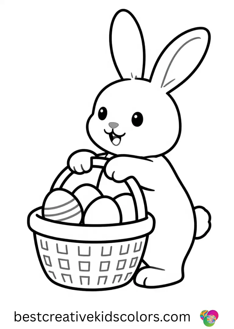 Easter bunny with basket coloring page shows a bunny carefully balancing eggs on a tilted basket handle.