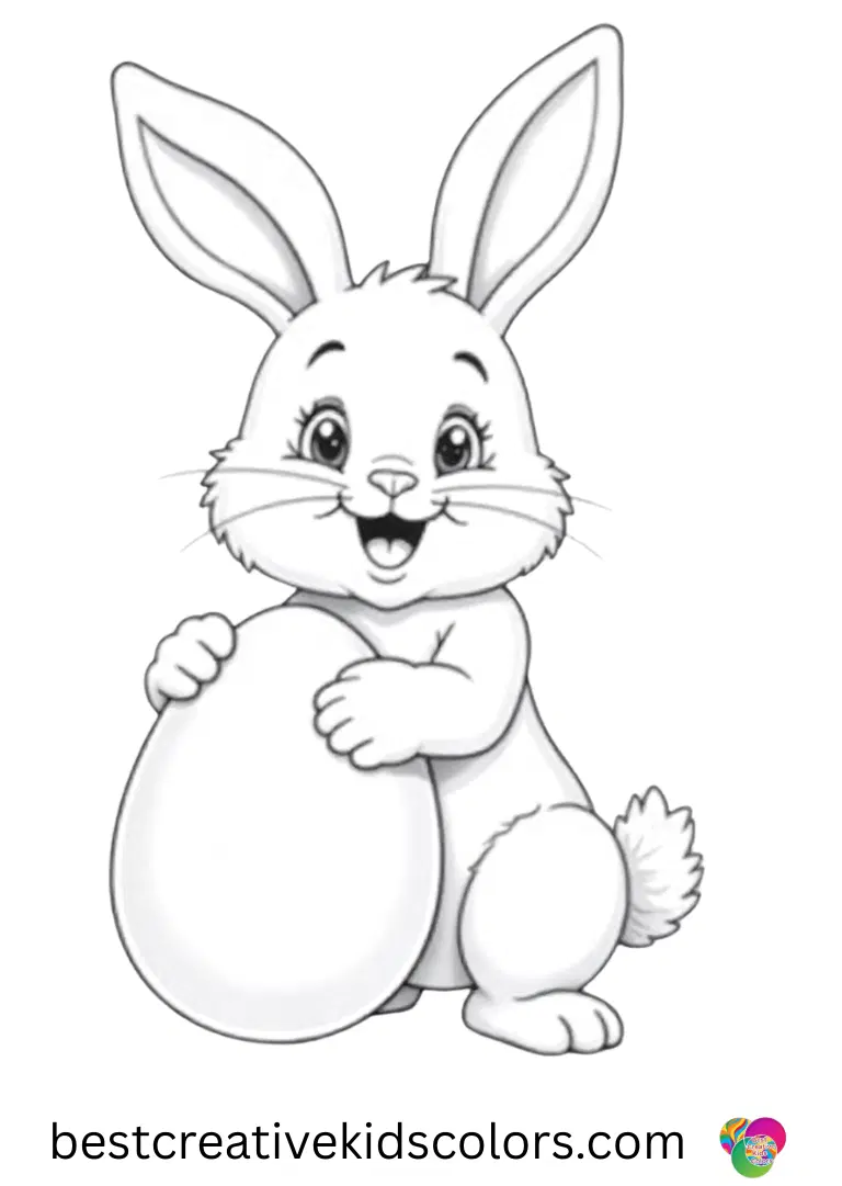 A bunny gently spins a single egg on the ground in Easter bunny with egg drawing with a happy expression.