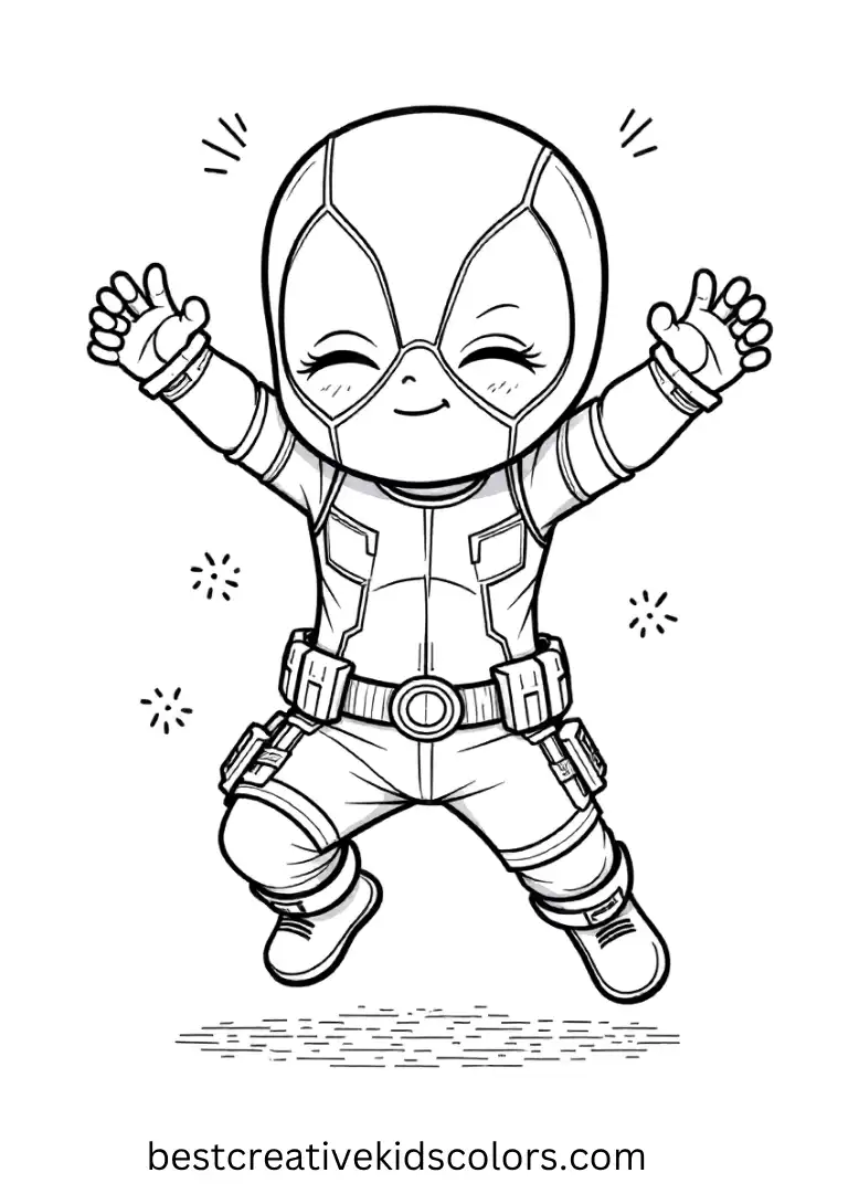 Little Deadpool jumps on his bed in excitement, wearing his oversized mask.
