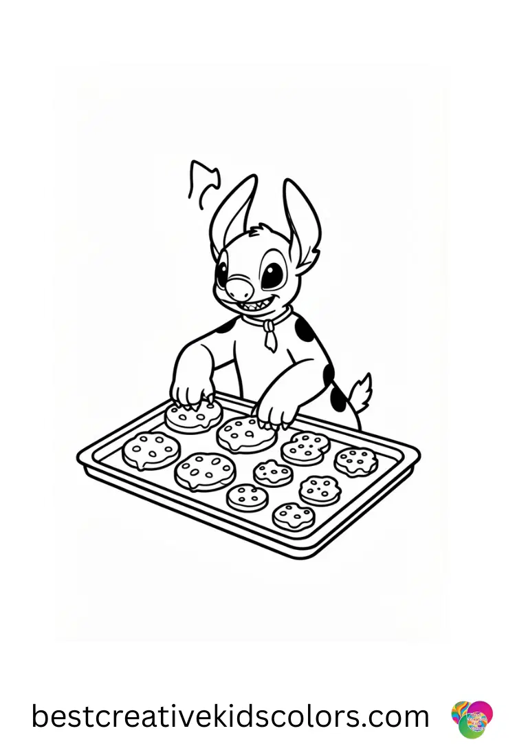 Stitch arranges cookies on a tray in Easy Christmas Coloring Pages printable PDF.