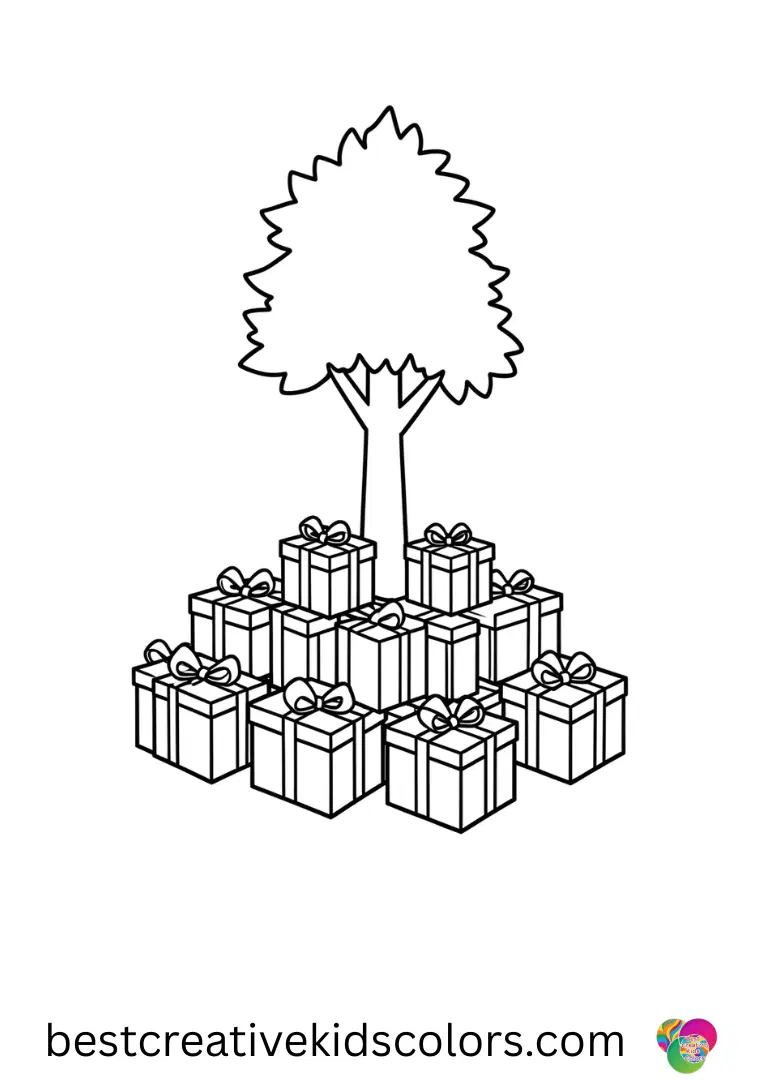 Stitch stacks colorful gift boxes under a tree in Easy Christmas Colouring Pages.
