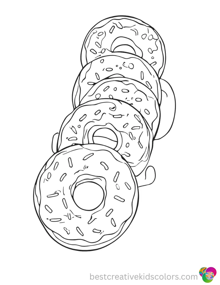These Easy Donuts Coloring Pages to Print feature treats lined up like a little train.