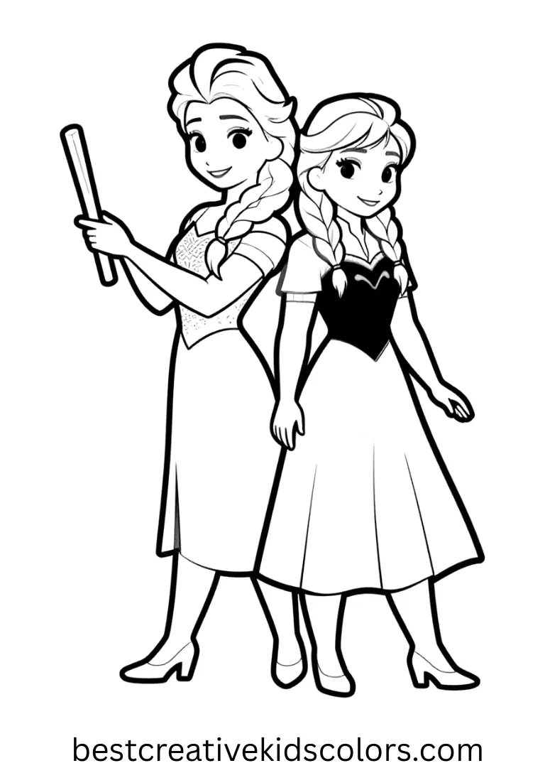 Easy Elsa and Anna coloring pages feature the sisters tracing lines in frost with wooden sticks