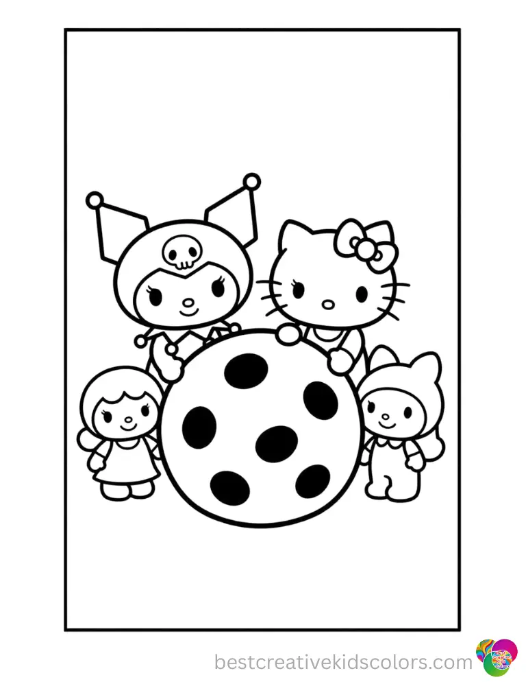 Kuromi, Hello Kitty and friends share a giant chocolate chip cookie.