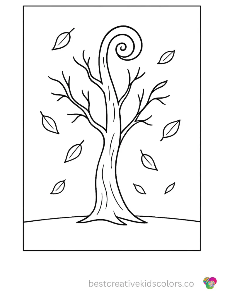 Paint a tall twisted tree dropping its autumn leaves.