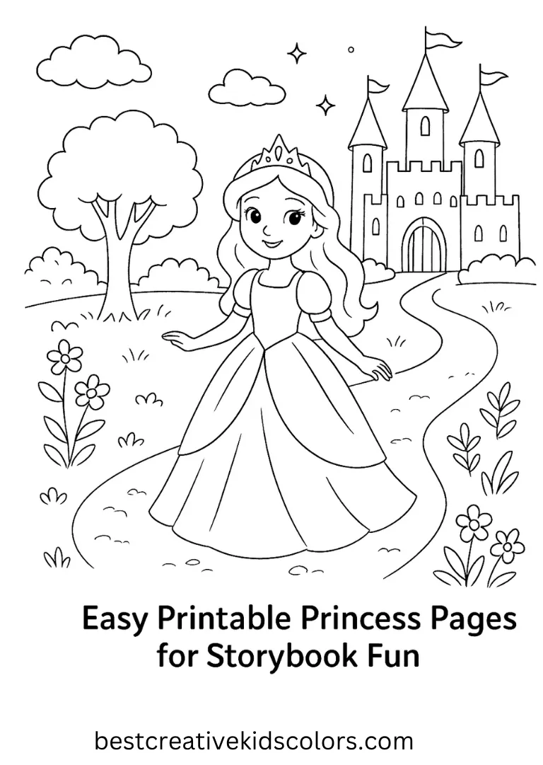 Create magical stories by coloring princesses exploring gardens and sparkling halls.