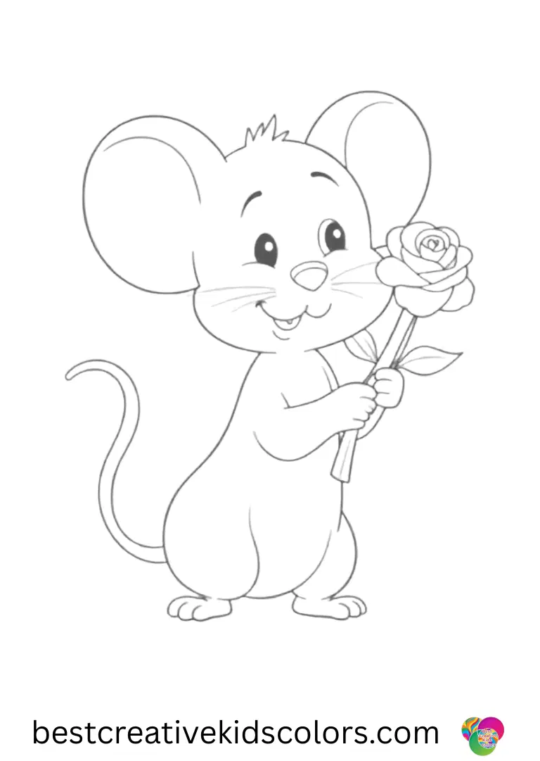 Easy Rose coloring pages show a mouse tugging a ribbon across the floor.