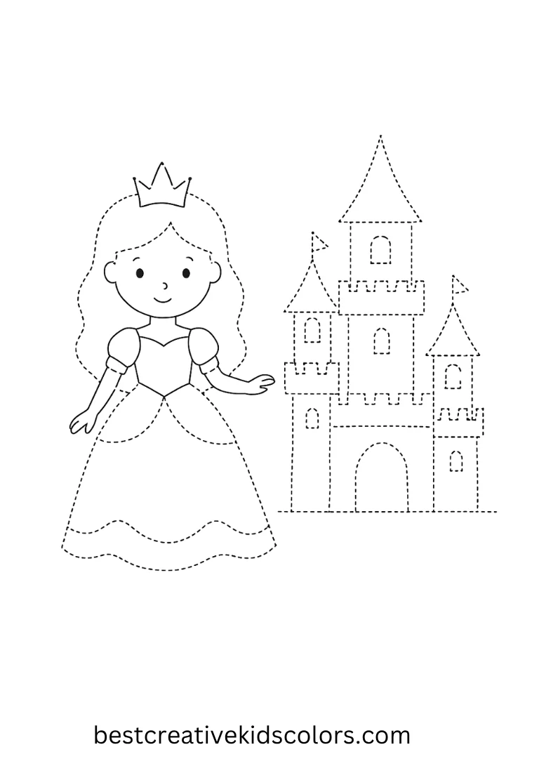 Simple outlines of crowns, gowns, and castle details for beginner artists.