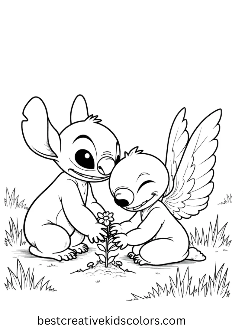 Easy Stitch and Angel coloring Pages shows them planting flowers in a sunny meadow.