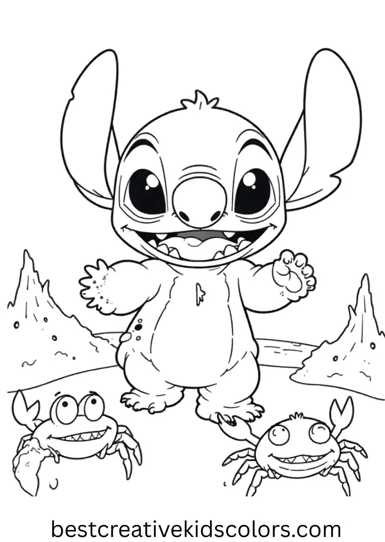 Easy Stitch coloring pages shows Stitch chasing beach crabs under bright sunlight.