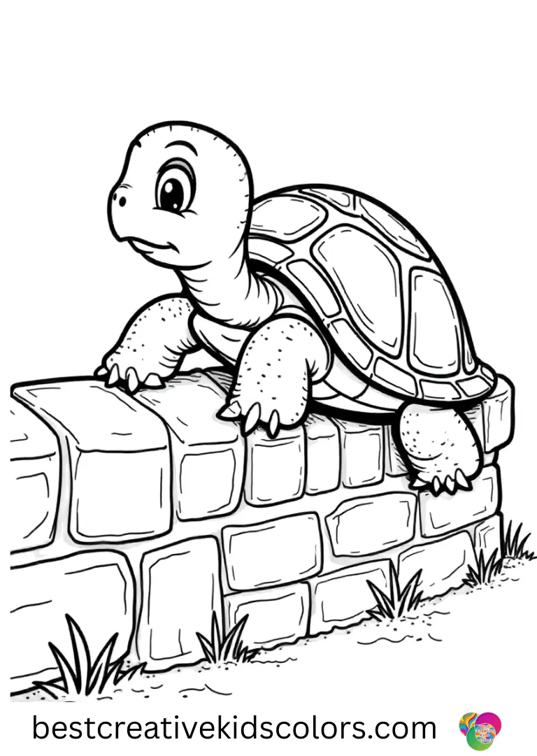 Easy Turtle Coloring pages features a turtle stretching to peek over a short stone wall.