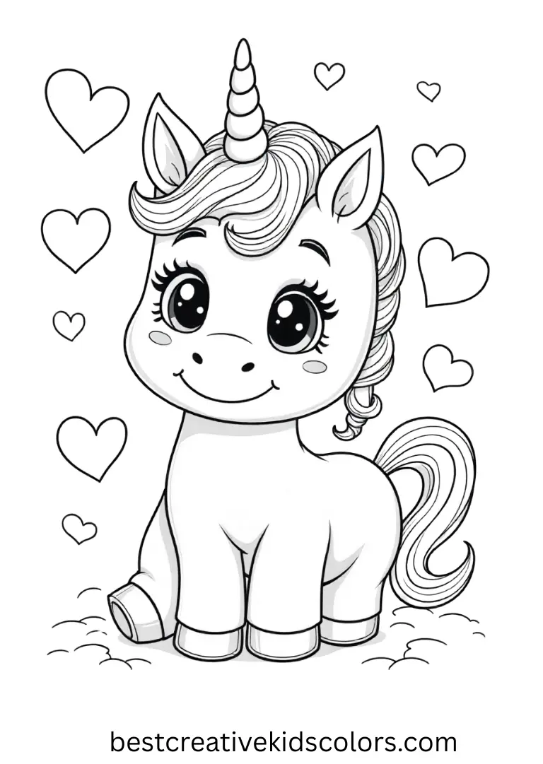 A kawaii unicorn surrounded by large hearts — fun and simple printable coloring page for toddlers.