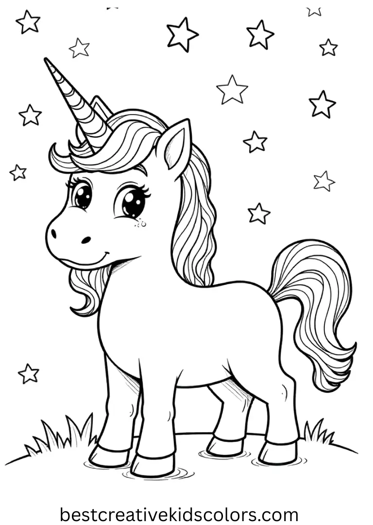 Easy Unicorn Coloring Sheet with Rainbow Stars