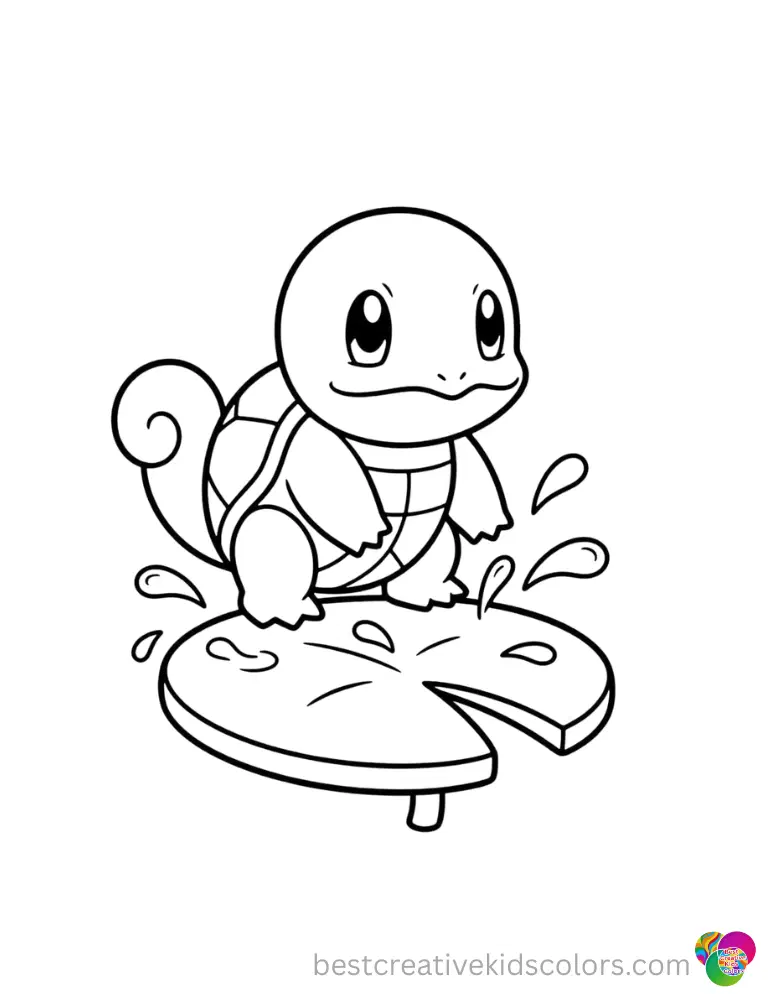 Squirtle splashes water gently over a floating lily pad.