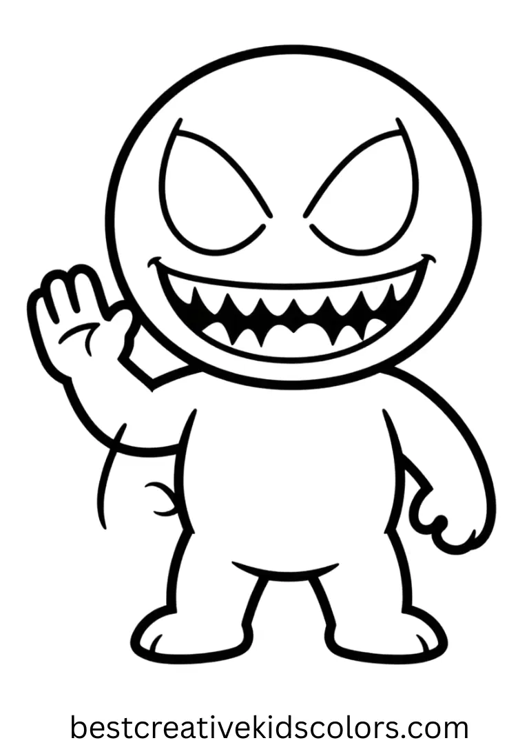 Easy Venom coloring pages depict Venom waving playfully, drawn with large simple shapes and no clutter.