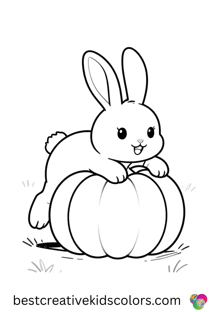 Easy bunny coloring pages shows a bunny rolling a large pumpkin across a meadow.