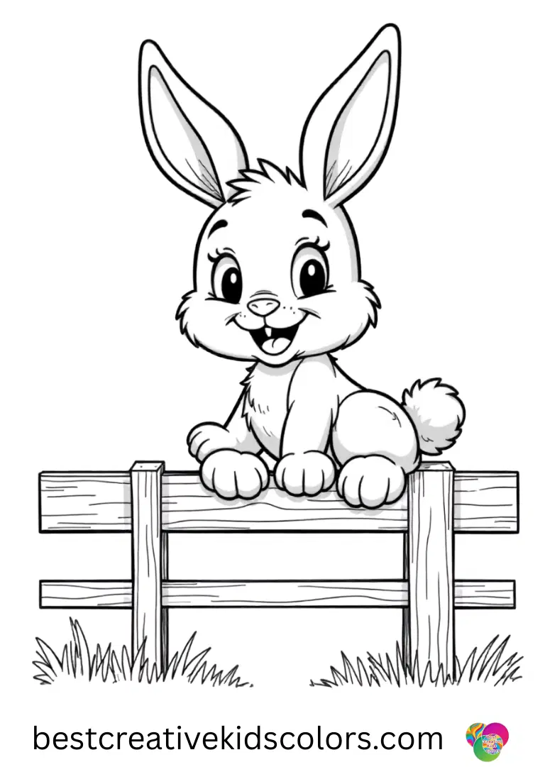 Easy bunny coloring pages shows a bunny leaping over a low wooden fence with wide eyes.