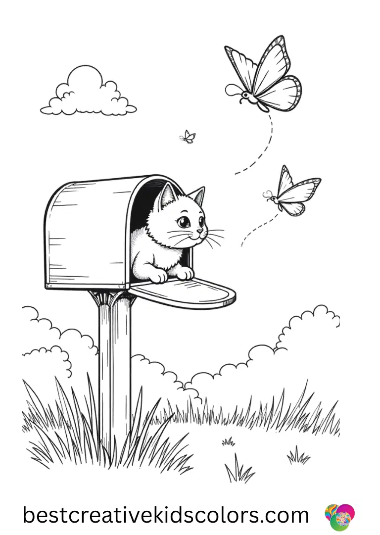 A cat peeks from a mailbox beside Easy butterfly colouring Pages under drifting paper planes.