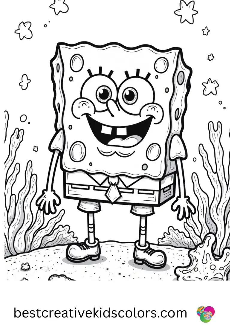 Easy christmas coloring pages spongebob features SpongeBob draping glowing starfish garlands over coral.