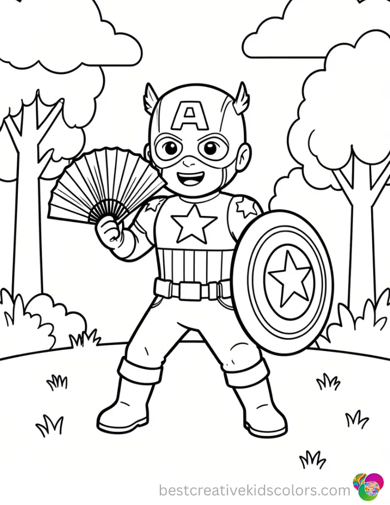 Tossing a paper fan in the wind gently, Easy coloring pages captain america shows playful delight outdoors.