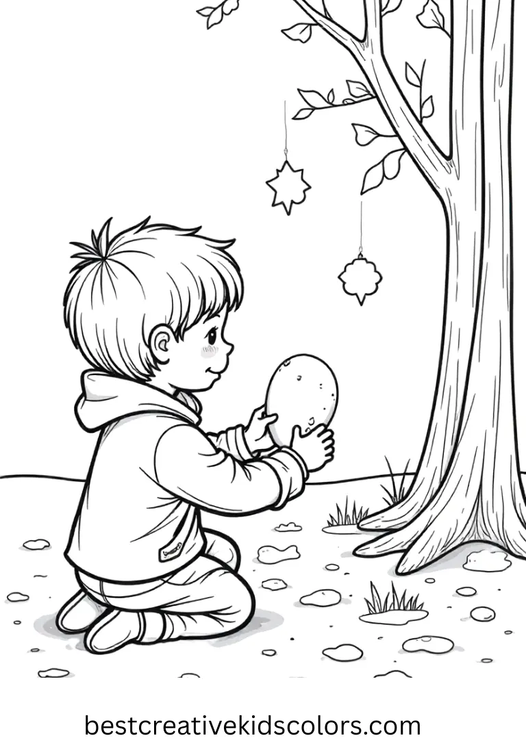 Easy coloring pages for january month shows a child arranging icy shapes into a simple pattern.