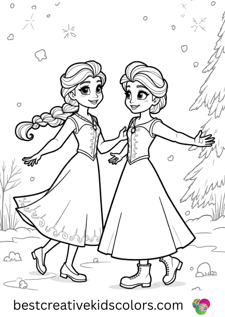 Easy coloring pages for kids elsa and anna Color Elsa and Anna enjoying a playful snowflake chase in clear, simple winter scenes.