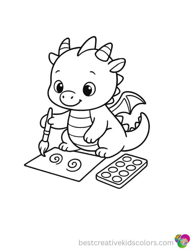 Easy cute easy dragon coloring pages pdf depicts a dragon making tiny swirls with watercolor.