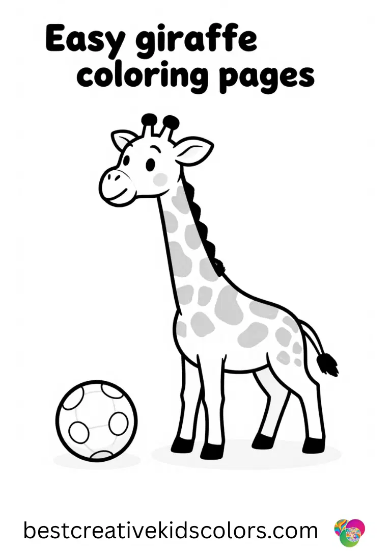 Easy giraffe coloring pages depict a giraffe rolling a colorful ball across the sunny meadow.