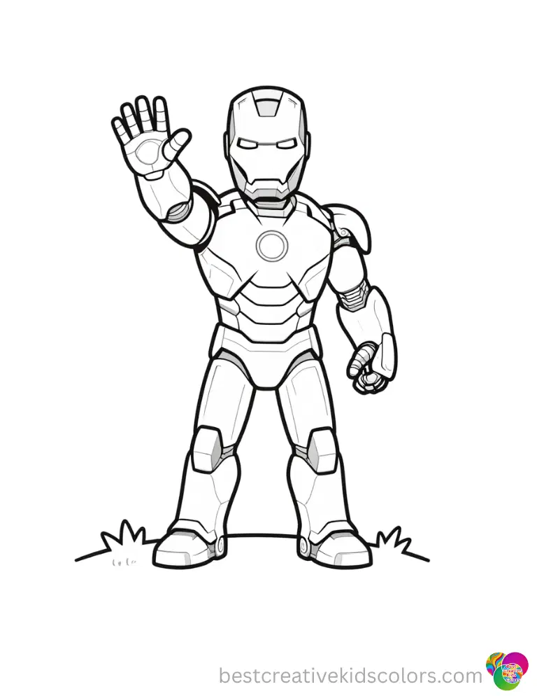 Iron Man waves a friendly hand while standing on a grassy hill in Easy iron man coloring pages for kids.