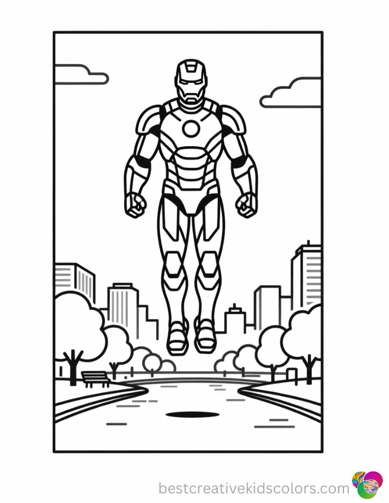Easy iron man coloring pages pdf shows the brave hero hovering above a calm and quiet city park.