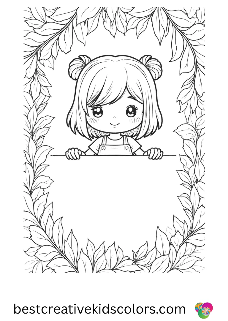 Easy kawaii colouring pages for adults shows a girl stamping leaf frames around a clean message card.