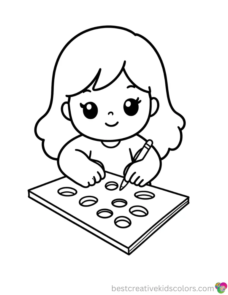 Easy kawaii colouring pages pdf shows a girl punching tag holes into craft cards.