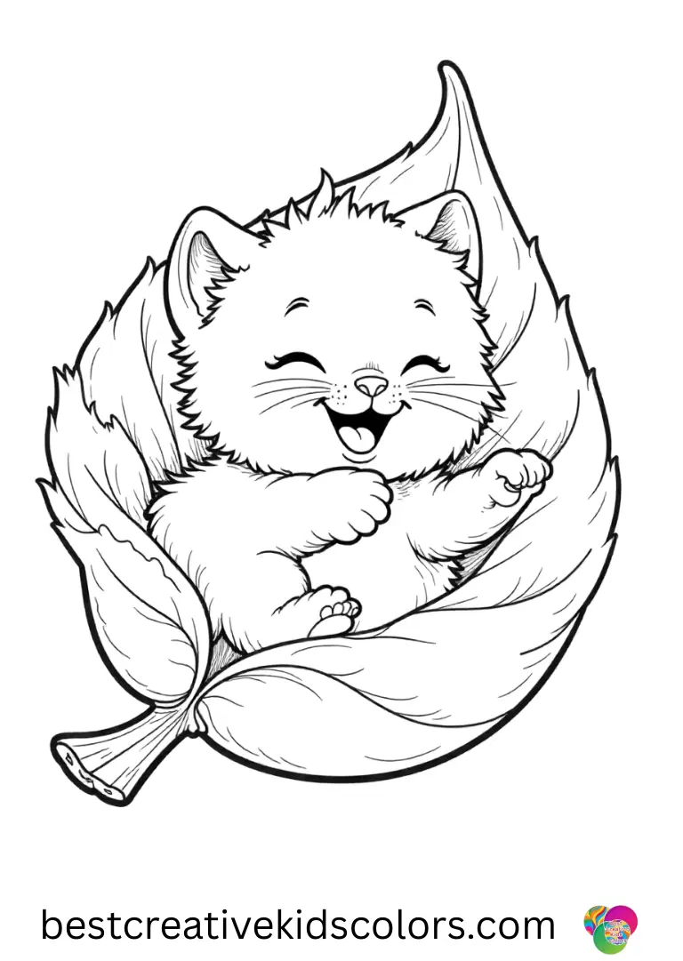 A kitten rolls inside a giant leaf, laughing, in these Easy kitten coloring pages.