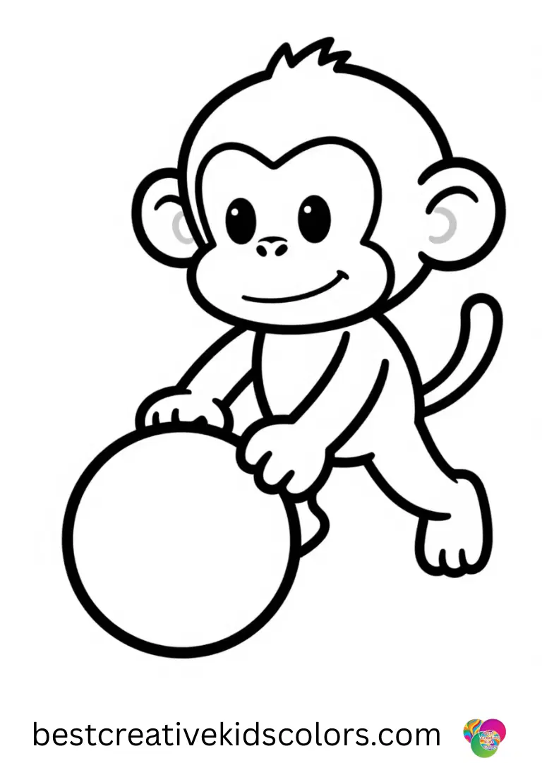 Easy monkey Coloring Pages shows a monkey rolling a colorful ball across an open patch of grass