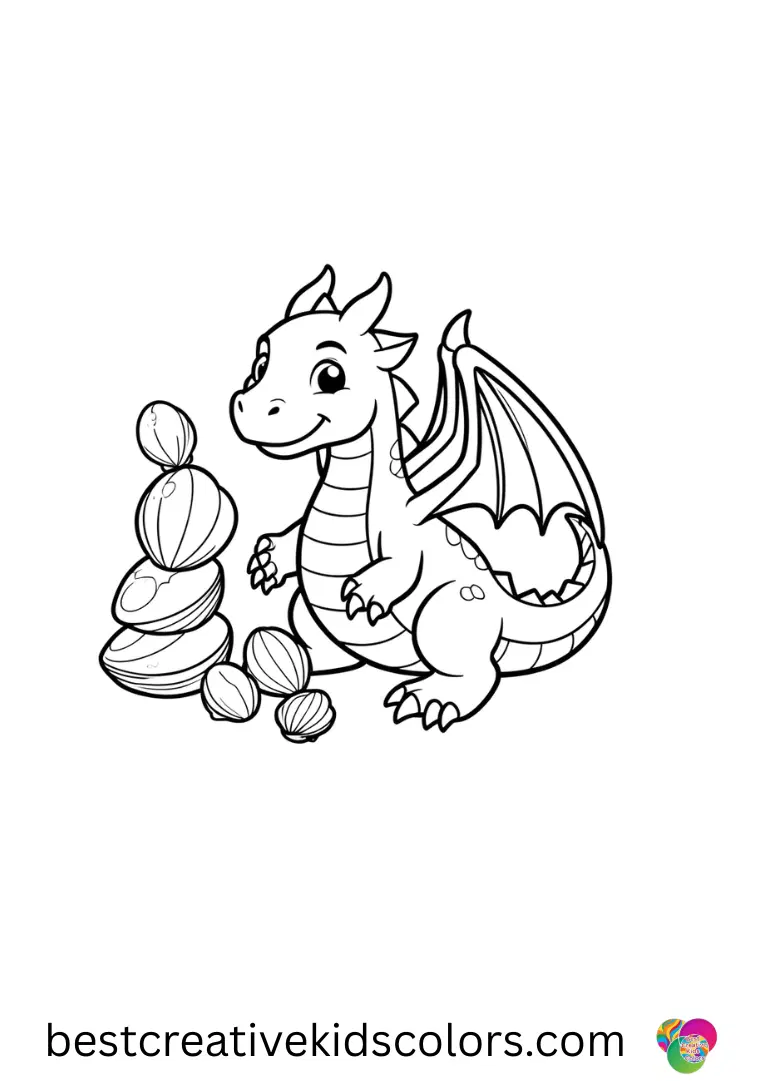 Easy printable dragon coloring pages free shows a dragon stacking shiny seashells by size.