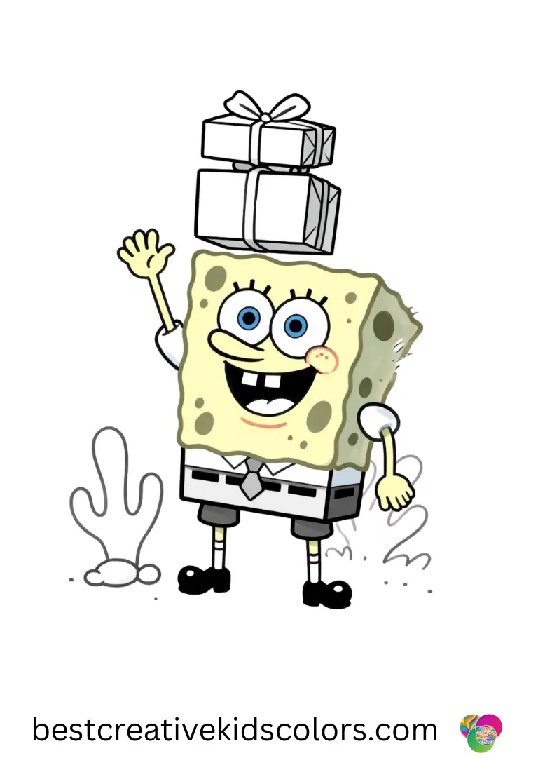 Easy spongebob colouring pages free shows SpongeBob balancing wrapped candy boxes on floating coral.
