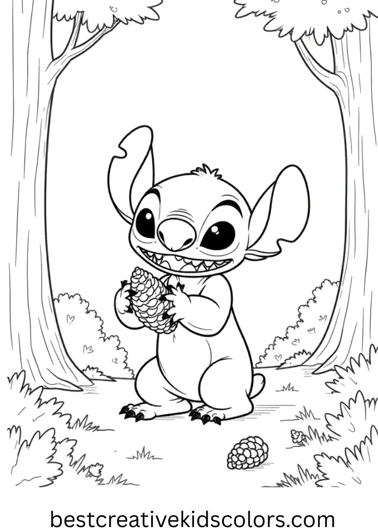 Stitch coloring page free printable for adults features Stitch arranging seashells on sand.