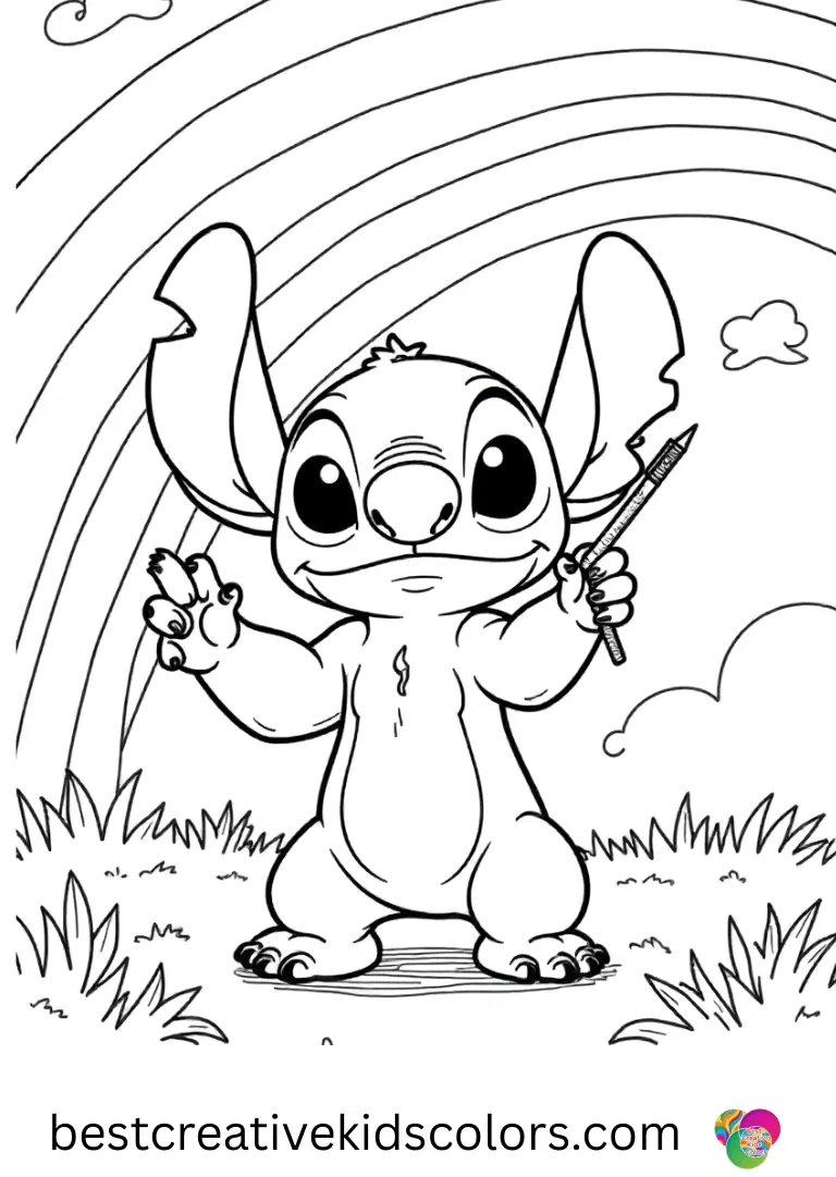 Easy stitch coloring pages free features Stitch painting a colorful rainbow sky.