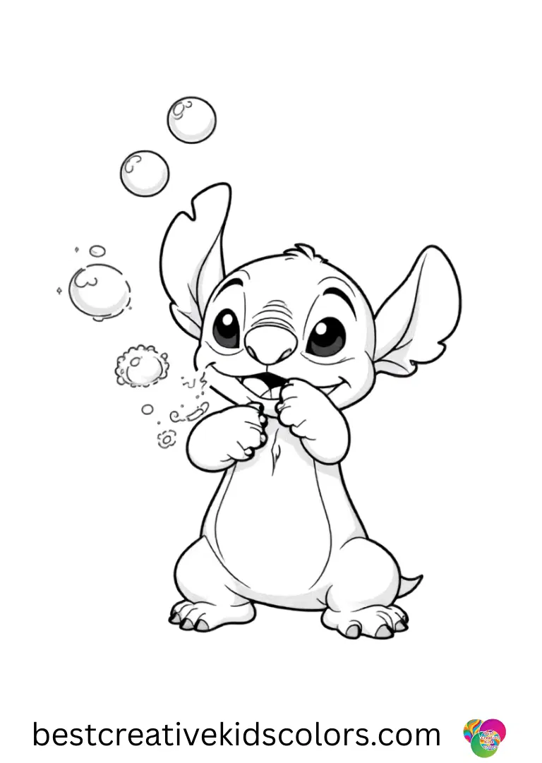 Easy stitch printable coloring pages free shows Stitch blowing magic bubbles with friends.