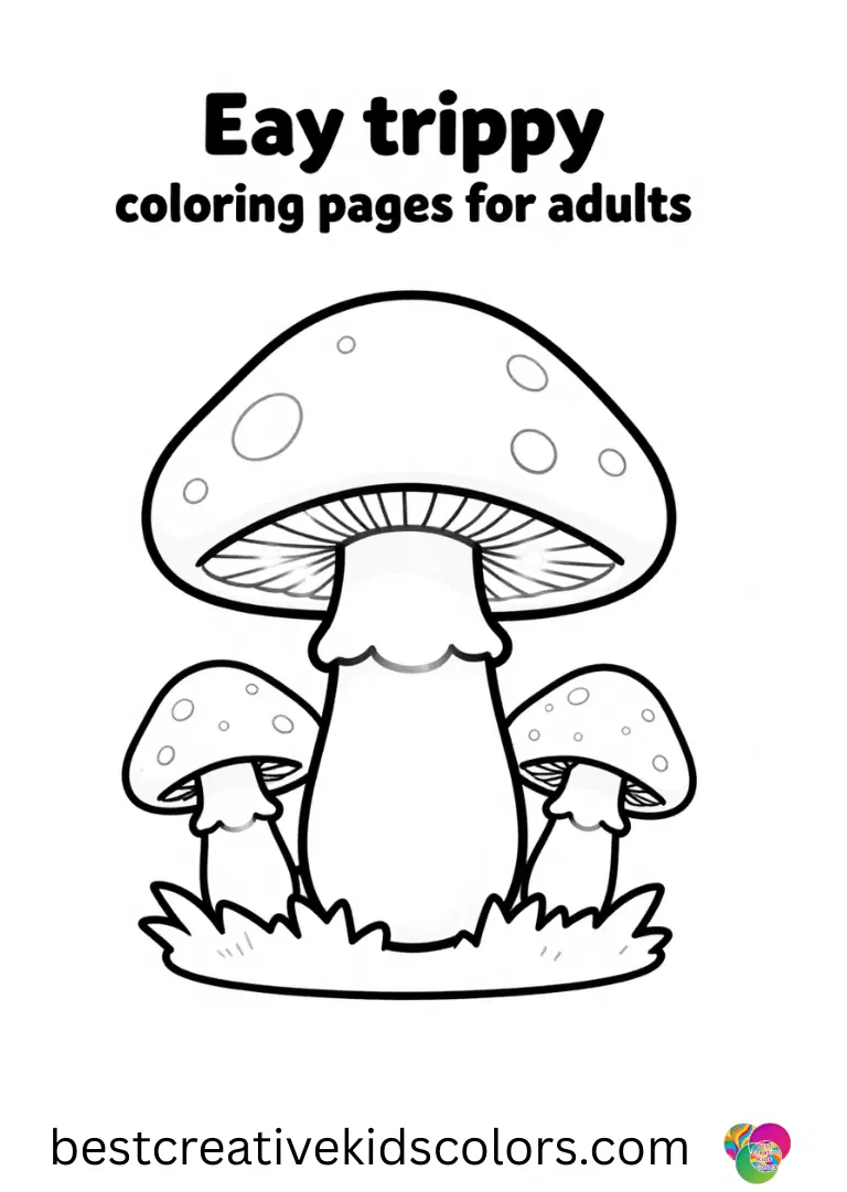 Easy trippy mushroom coloring pages for adults feature mushrooms glowing under a ring of tiny lights.